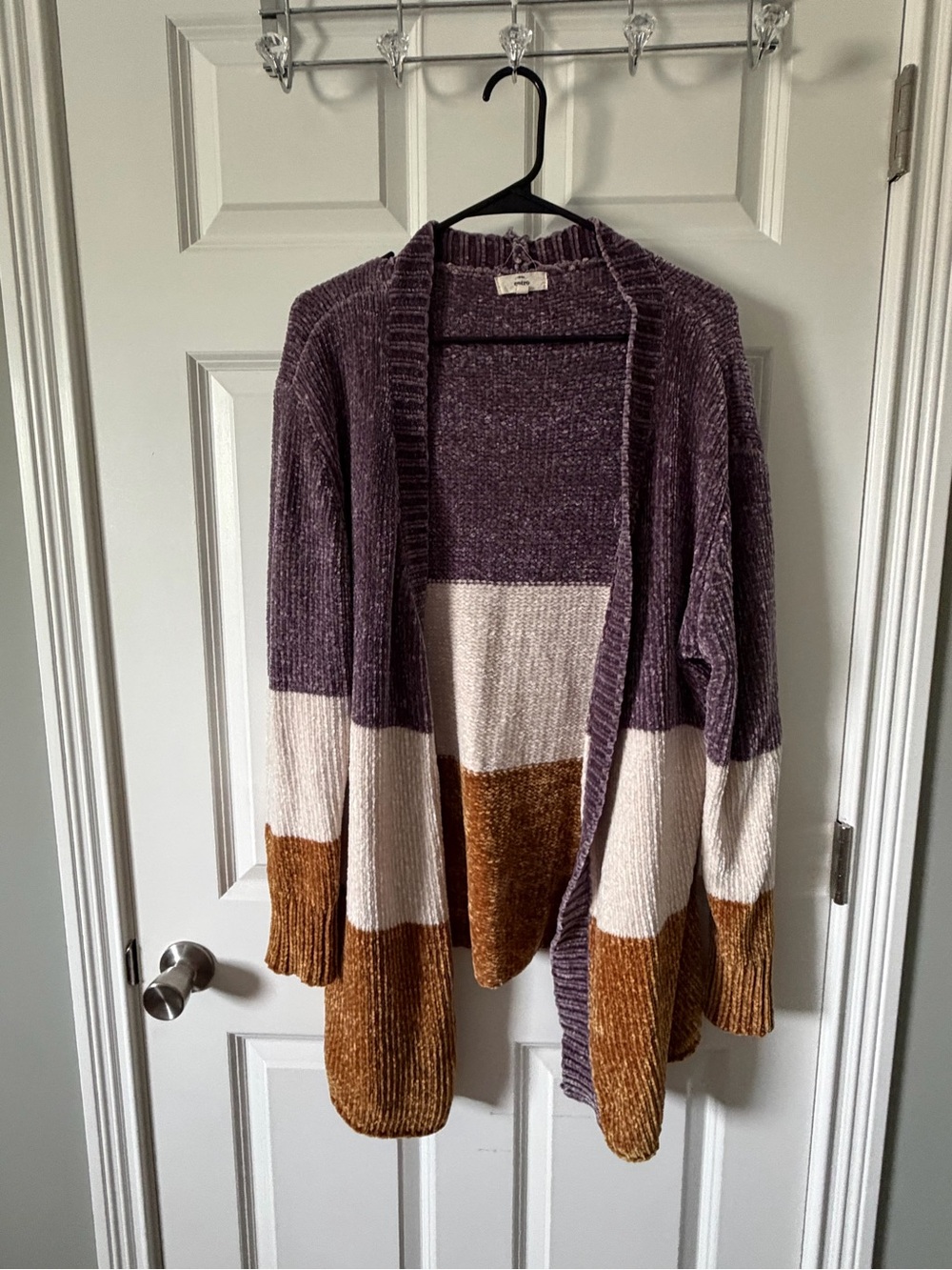 entro Plush Colorblock Open-Front Cardigan in Purple, Cream & Brown